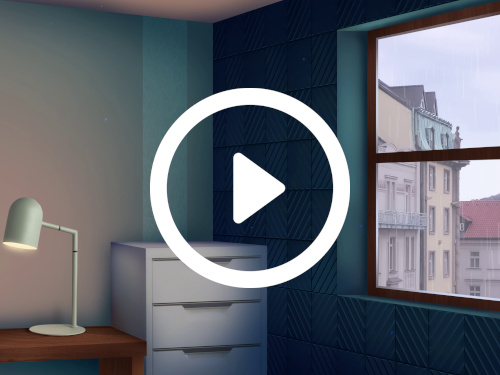 Basic home office with a chest of drawers, table, lamp, and view of apartment buildings with light rain falling. Google Meet background