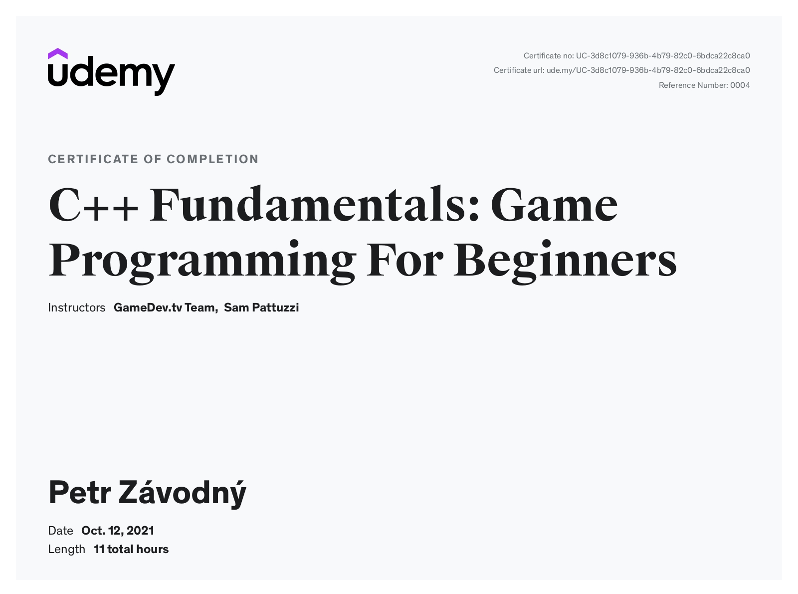 certificate C++ Fundamentals: Game Programming For Beginners