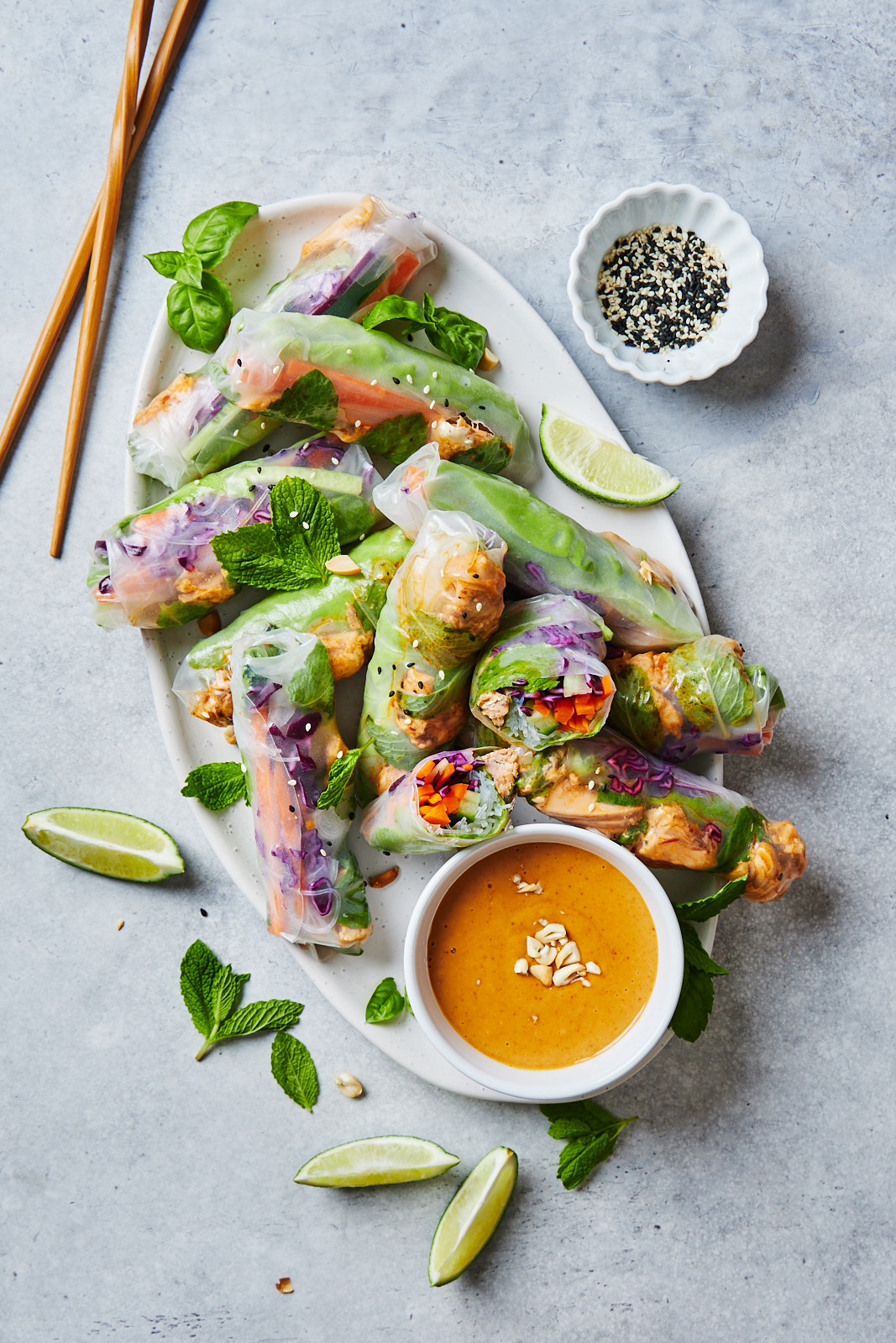 Fresh Spring Rolls With Salmon and Peanut Sauce ready to serve