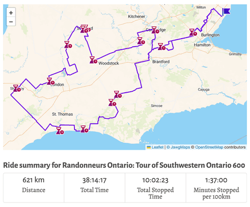 Map of a brevet route with stops