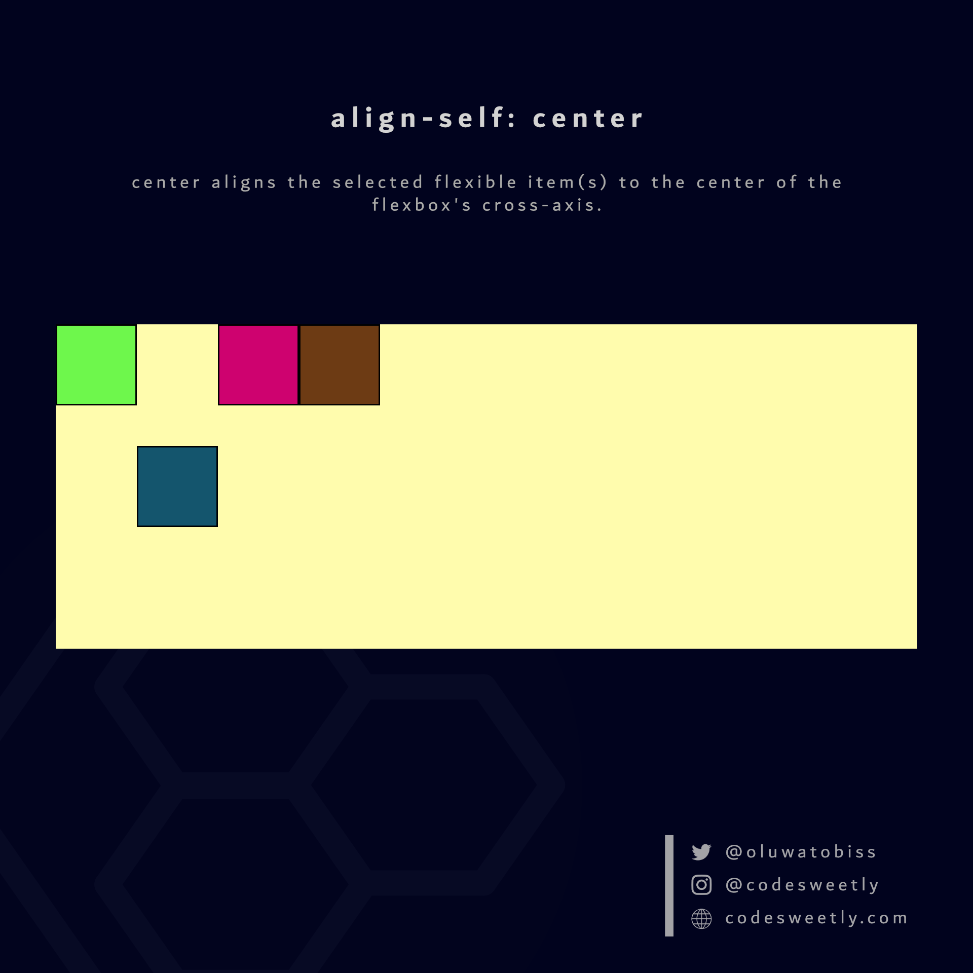 align-self's center value aligns the selected flexible items to the center of the flexbox's cross-axis