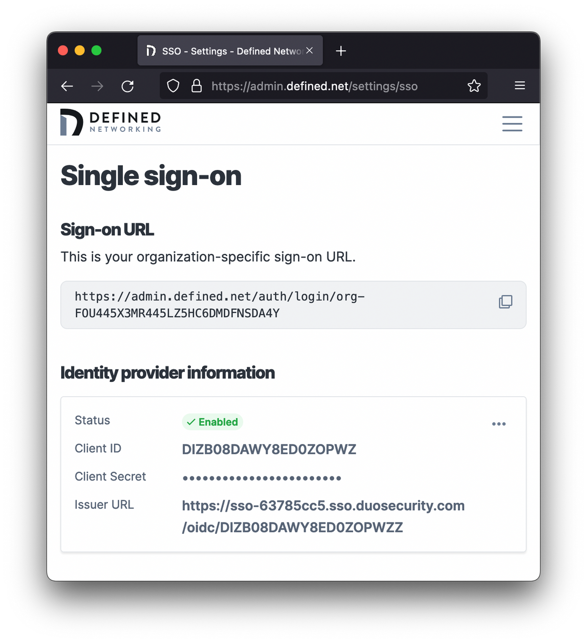 Saved SSO integration that shows a sign-on URL, and a details for a configured identity provider