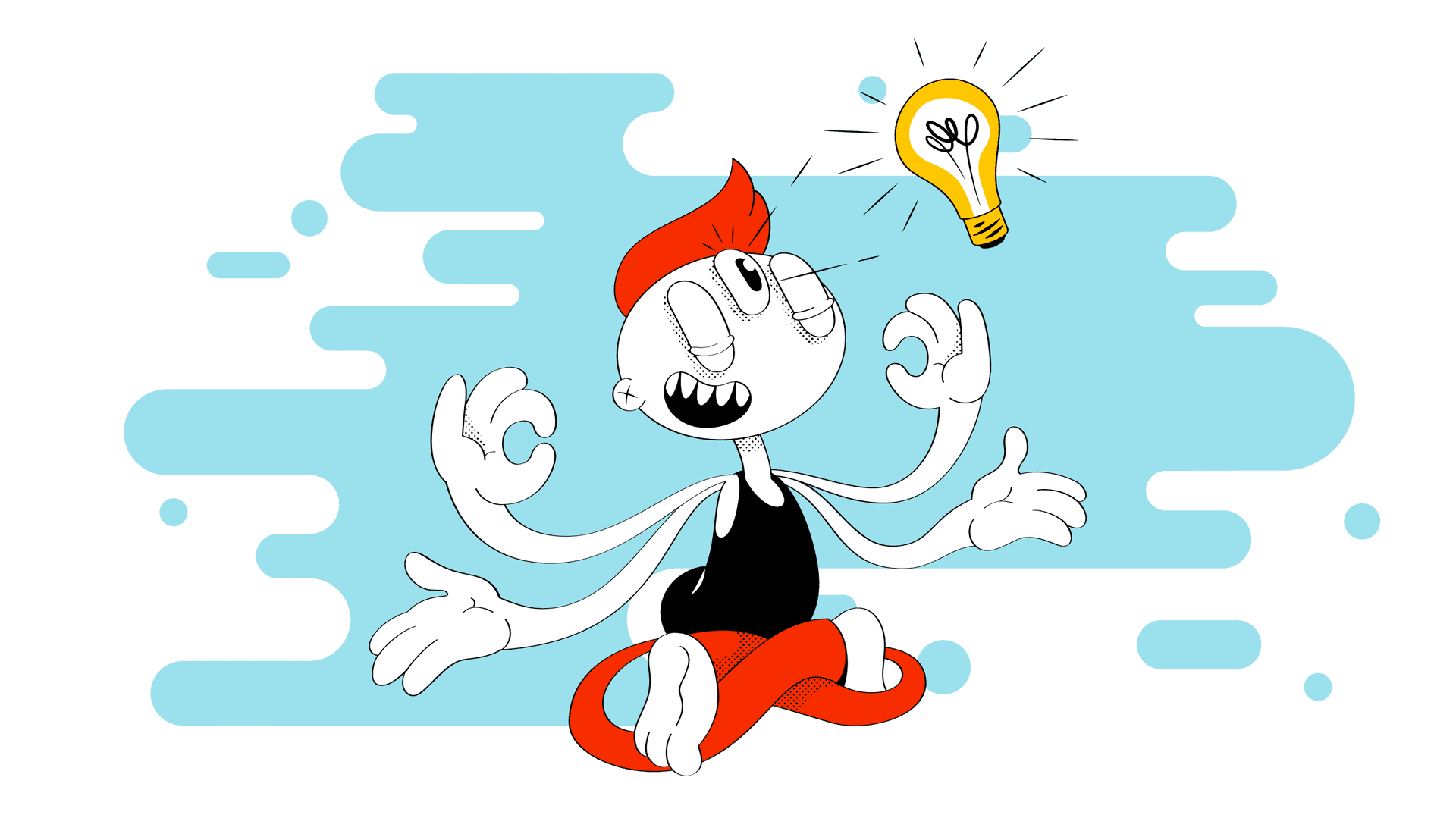 Cartoon person seeing an idea lightbulb in their mind's eye on a light blue cloud background