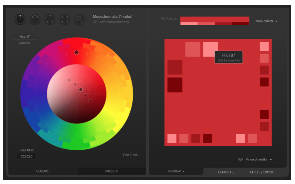 Utilisation de Paletton pour générer une palette complète à partir de la nuance rouge sélectionnée. Il y a une roue de couleur qui montre toutes les teintes à gauche, et un carré qui montre différentes nuances de rouge à droite.