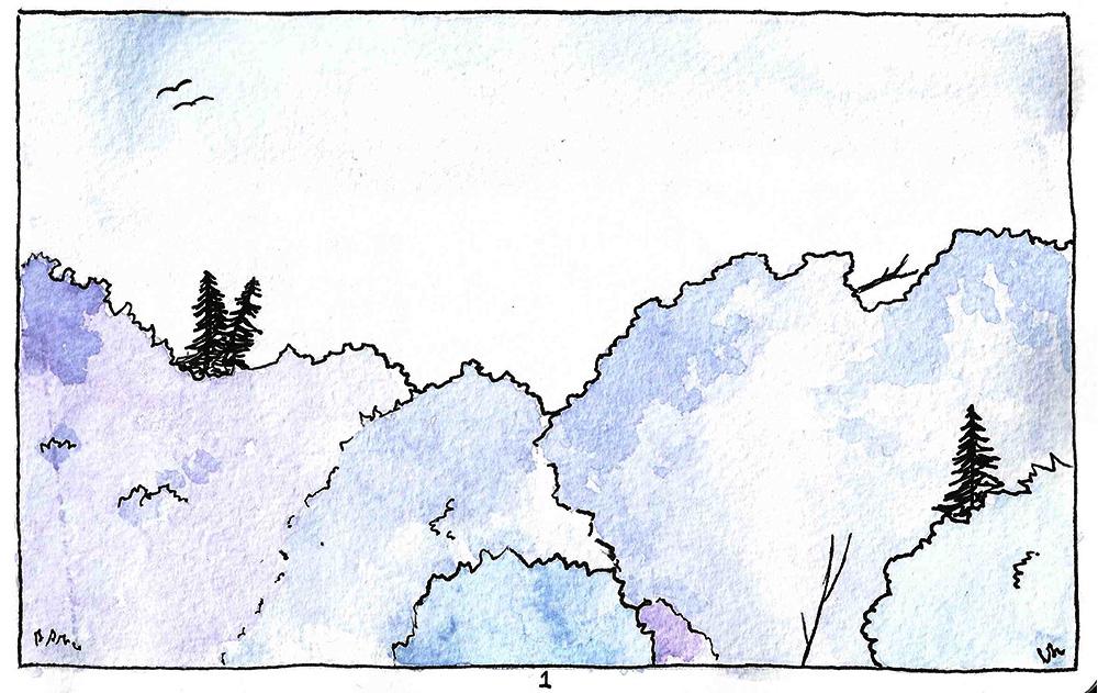 An ink and watercolour sketch of some trees from a short story by Adam Westbrook