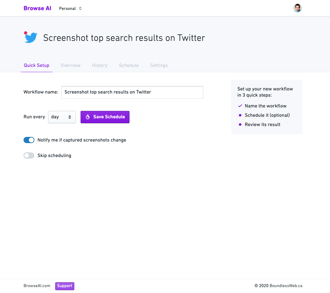 Quick Setup - Screenshot top search results on Twitter - Browse AI