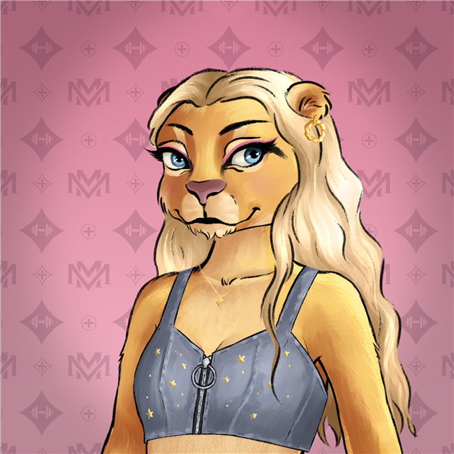 An NFT image of a female cougar with tawny fur, wavy long blonde hair, pink eyeliner, and denim bustier top.
