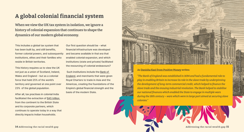 A sample page spread from the report, with one page with text header that says 'A global colonial financial system'. The other page shows an old image of a financial institution.