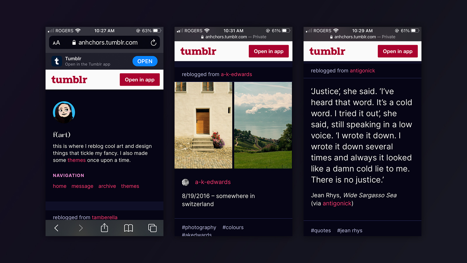 Mobile view of the theme, which includes annoying header bars nagging the user to download the Tumblr app.