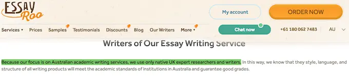 EssayRoo.com false claim: Because our focus is on Australian academic writing services, we use only native UK expert researchers and writers.