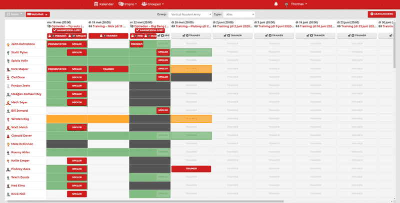 The advanced role planner, showing the members and their availabilities and roles for every event. The advanced role planner, showing the members and their availabilities and roles for every event.