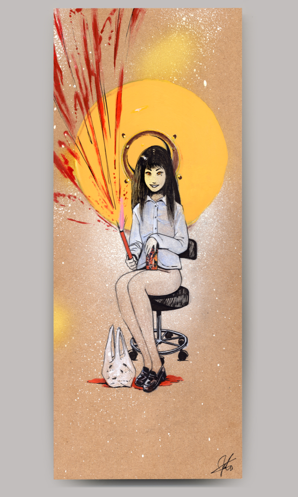 An acrylic painting on wood panel, titled 'Tomie', of a young woman sitting on a chair looking menacingly as she holds holding a lit flare that is spirting out blood. A large orange circle hovers ominously behind her and a bloody plastic bag is at her feet.