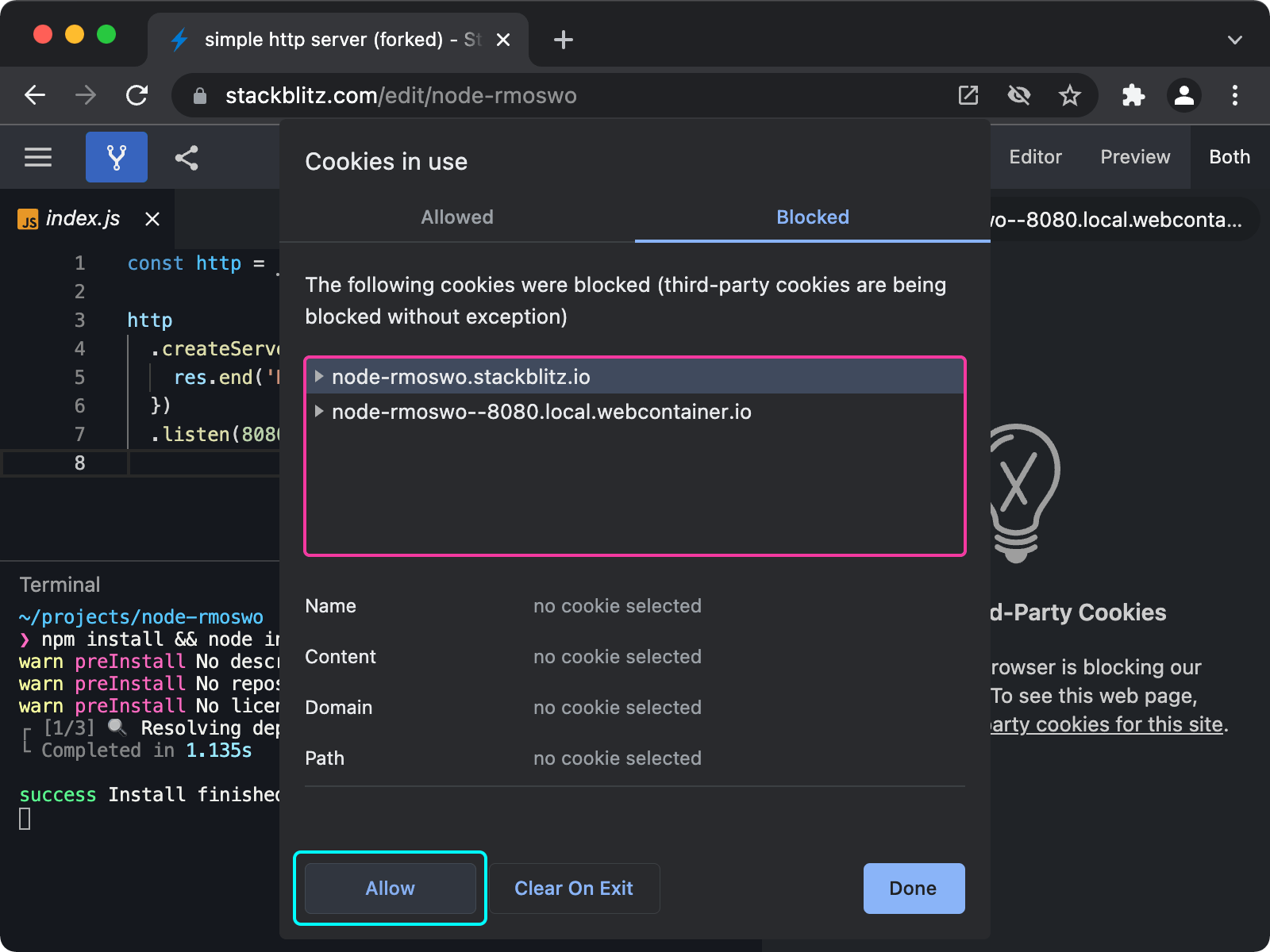 A modal dialog titled “Cookies in use” shows that cookies for a couple subdomains of stackblitz.io and webcontainer.io were blocked. Select a domain and click “Allow” to add an exception.