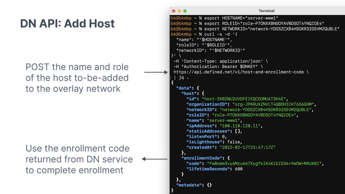Example of using curl to create a host and getting an enrollment code.