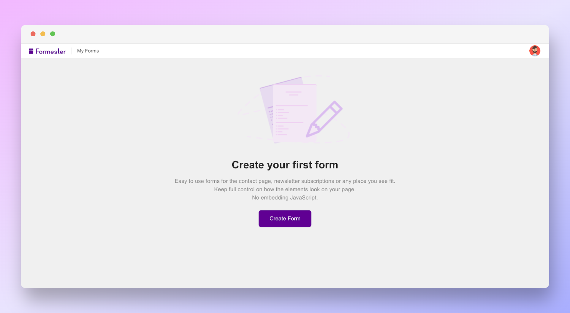 Forms page showing create your first form button