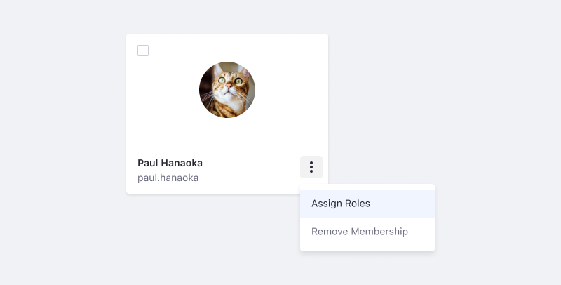User card in site memberships displaying actions modal where the first action is Assign Roles