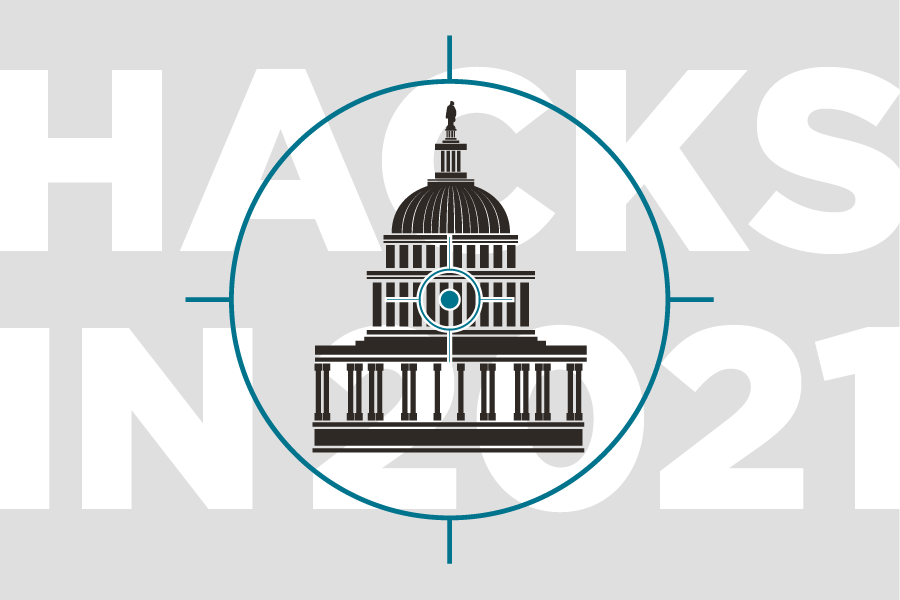 Illustration of crosshairs over the United States Capitol building with the text "Hacks in 2021"