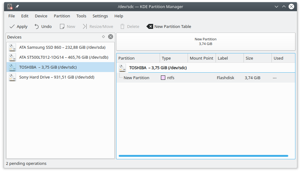 Membuat partisi pada KDE partition manager