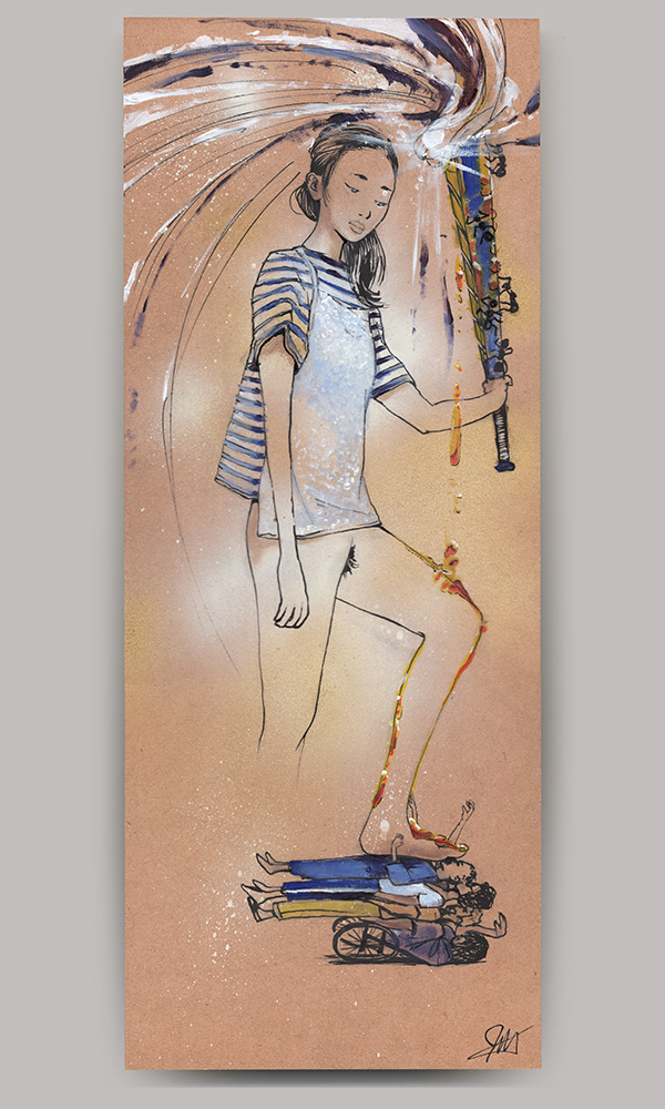 An acrylic painting on wood panel, titled 'Fumiko's Legs', of a pantless woman holding an active roman candle that is covered in honey and ants. Her left foot is stepping on other characters that are miniaturized and sandwiched together.