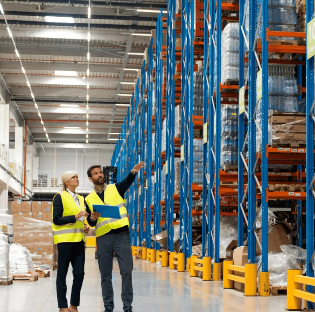 a man wearing a safety vest holding a clipboard and pointing out shelves to a woman wearing a safety vest in a warehouse