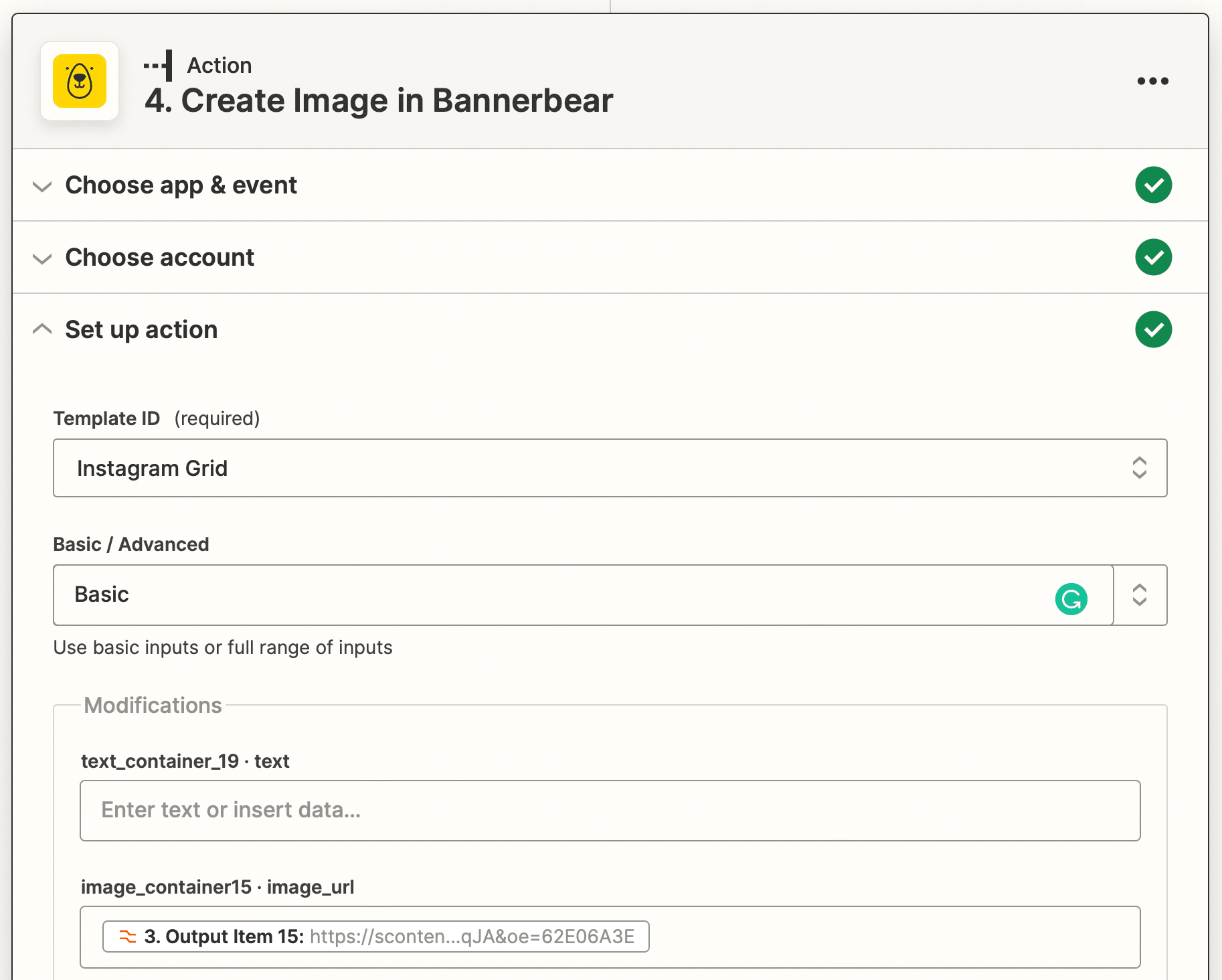 Screenshot of Zapier Bannerbear create image action setup