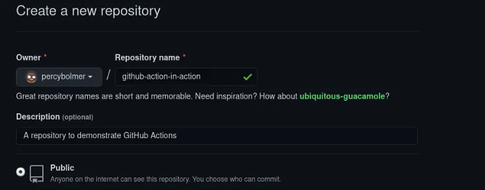 Creating a new repository on GitHub, make sure it is marked as Public.