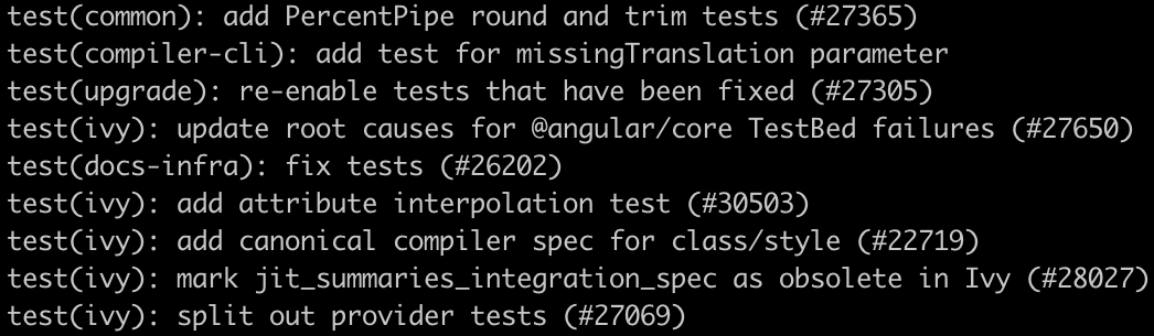 Examples of commit messages with `test` type