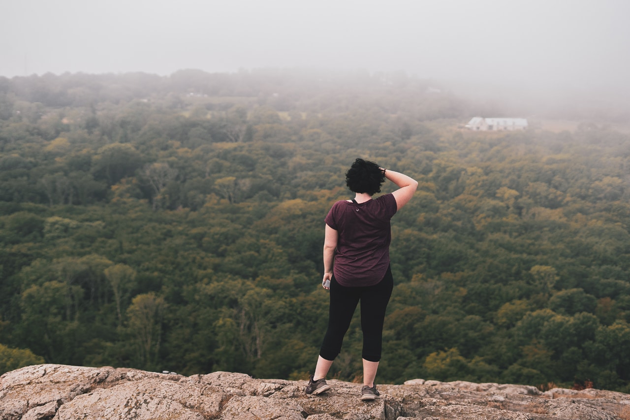 A woman on a hill enjoying the view over a vast broadleaf forest. It's a foggy day, so she can't see very far.