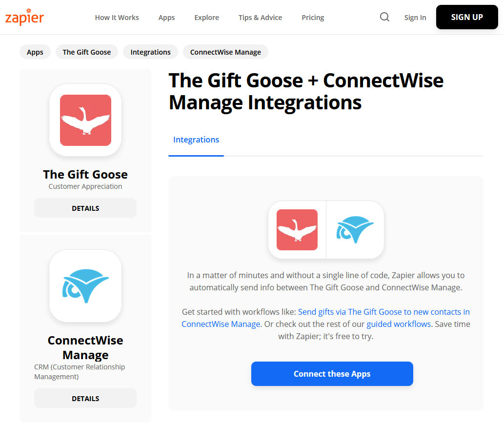 Screenshot of Zapier's page for The Gift Goose + ConnectWise
