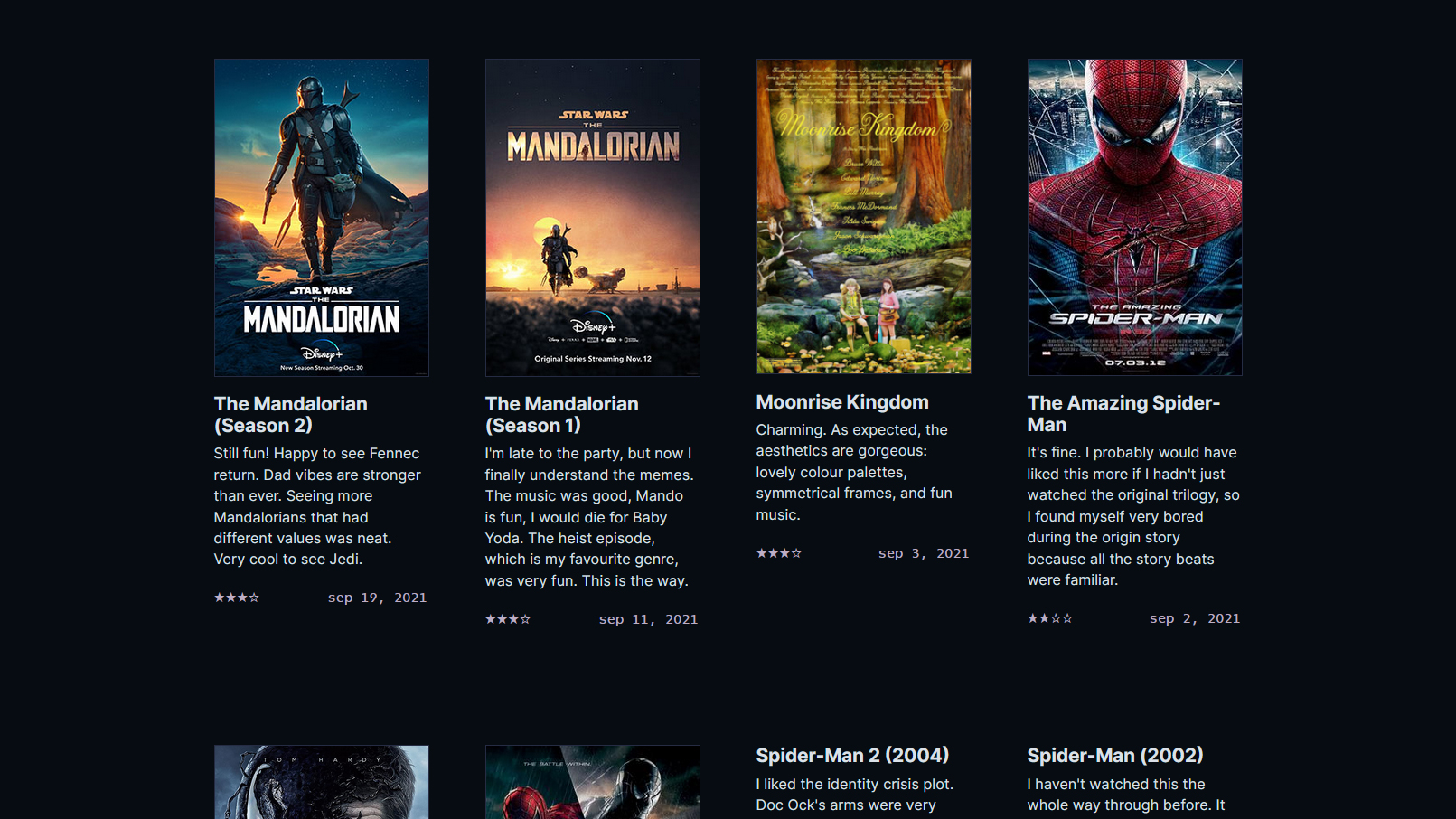 Movie posters and short reviews, organized in 4 columns.