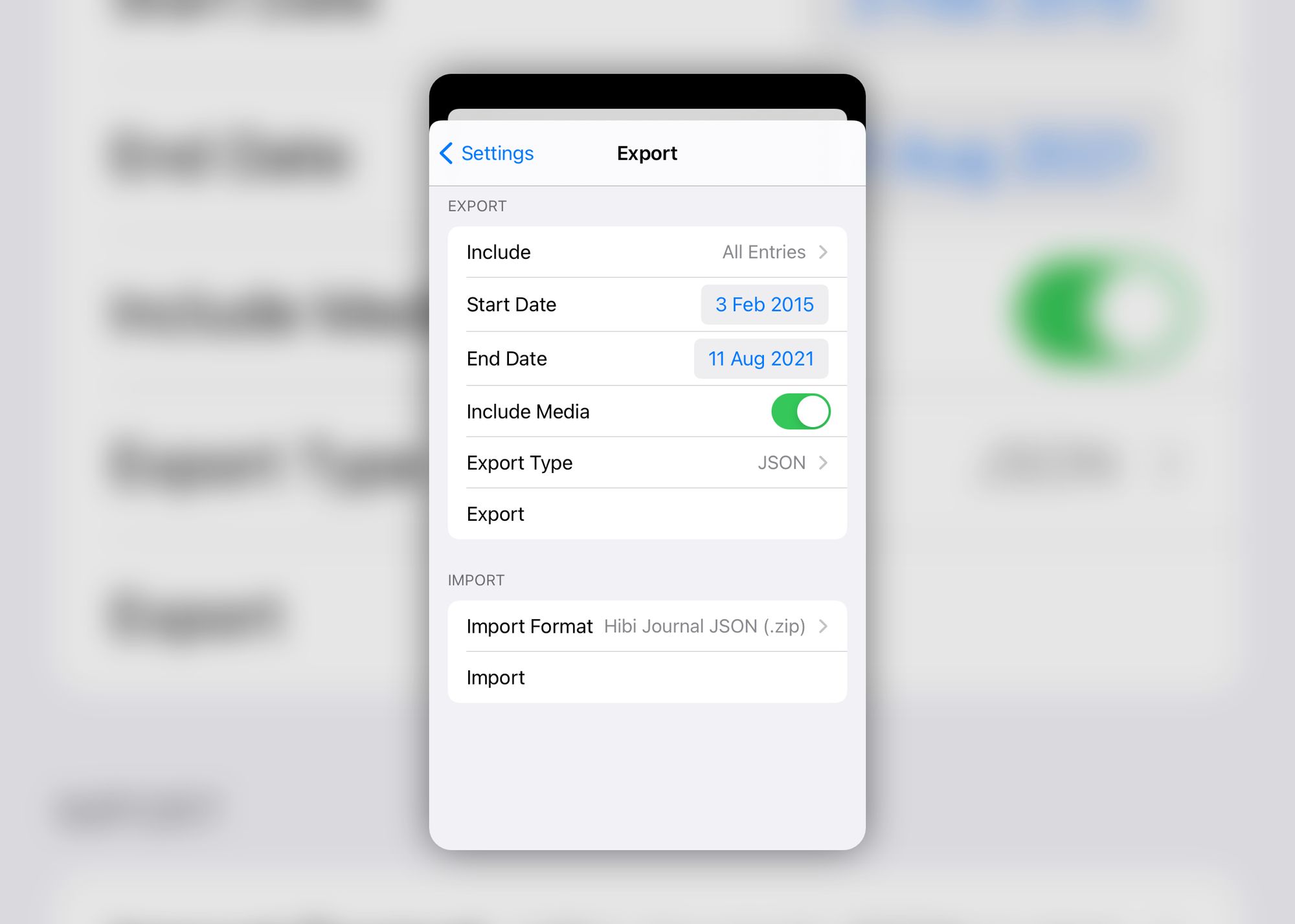 Hibi Journal Import Export Settings