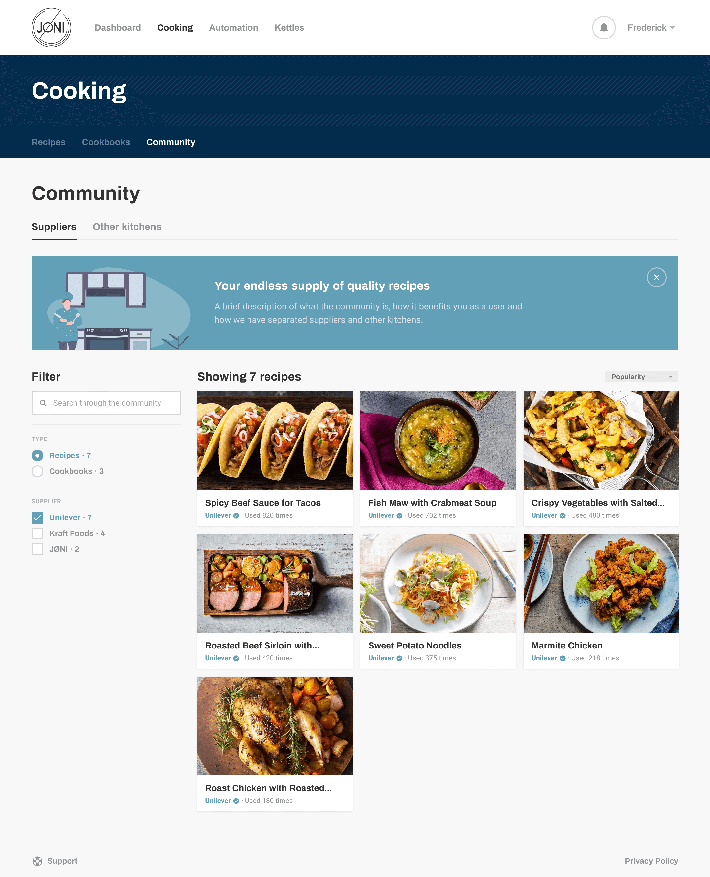 User interface with community recipes.