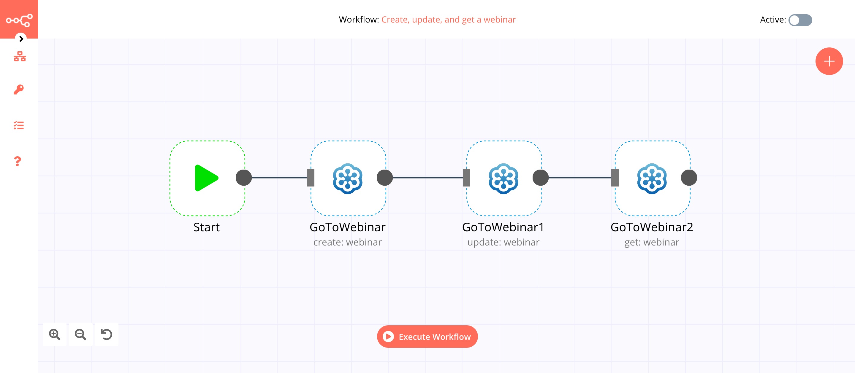 A workflow with the GoToWebinar node