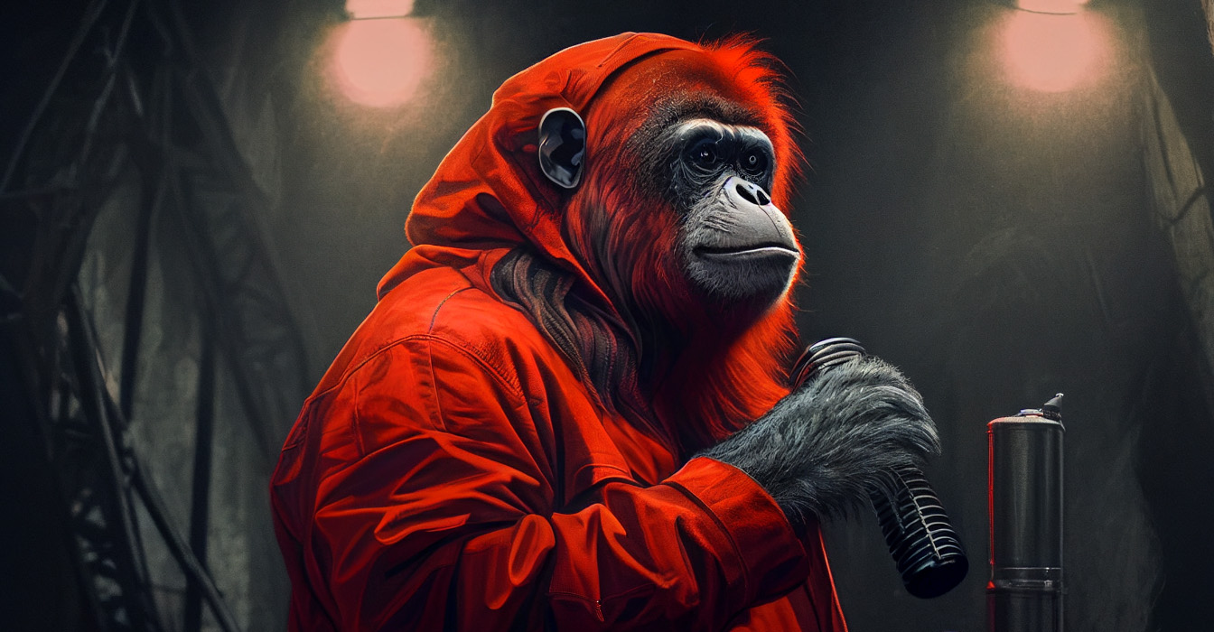 Ape wearing a red jacket holding a microphone on a stage