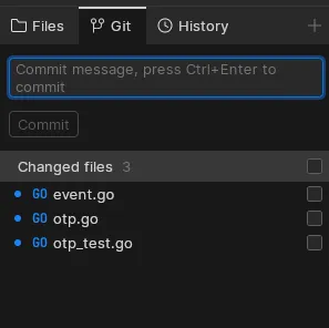 Git tab shows changes and allows us to commit