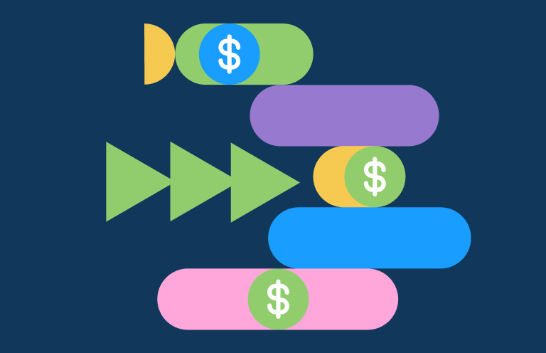 colorful geometric shapes and dollar signs on a dark blue background