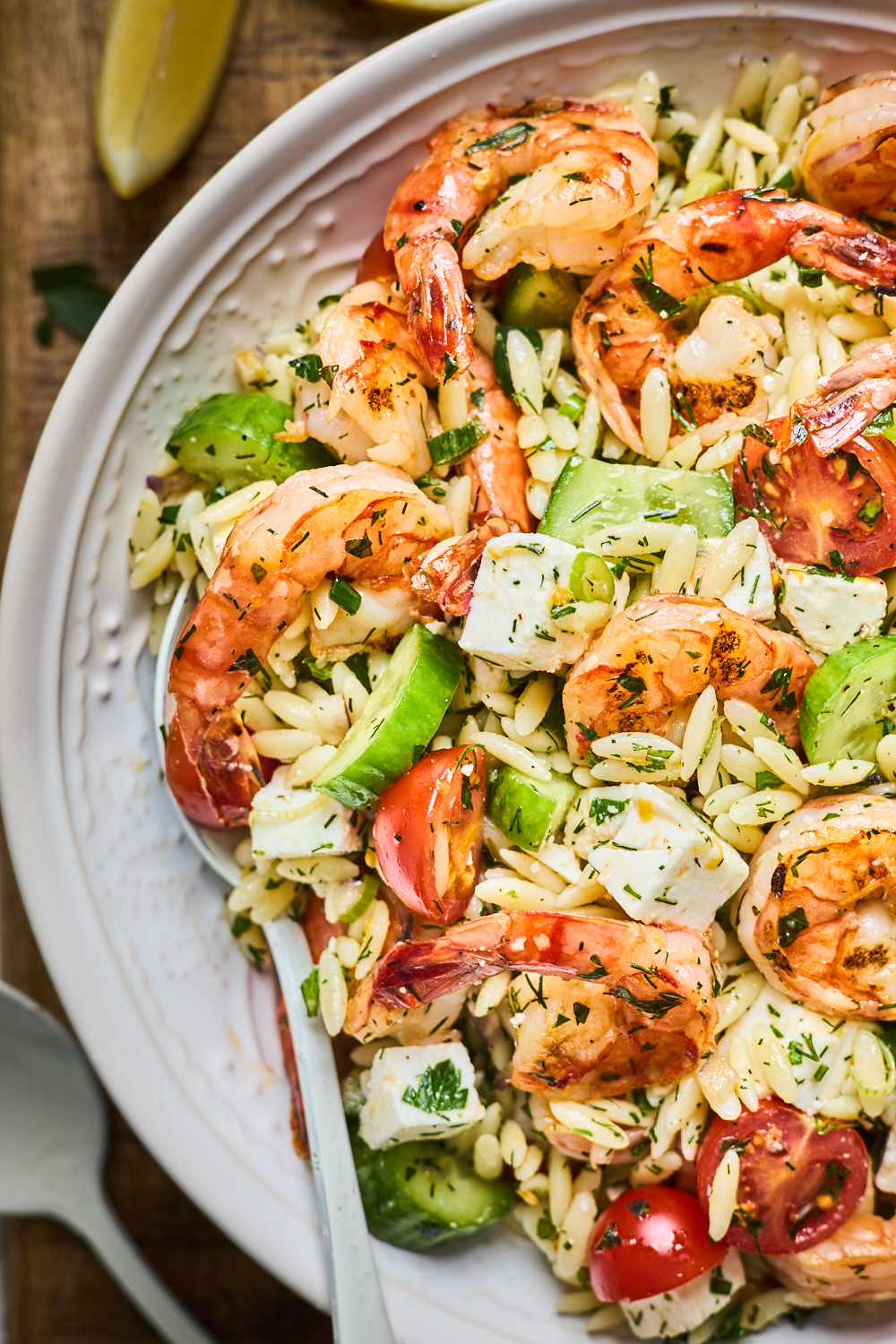 Greek Style Grilled Shrimp Orzo Pasta Salad Olive Mango