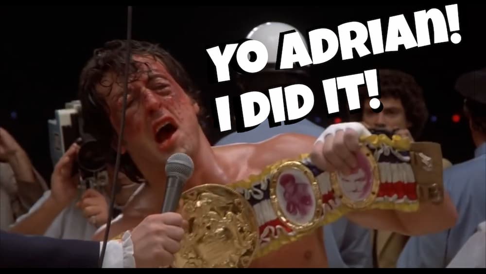 Meme of scene from Rocky movie where Rocky says 'yo adrian! I did it!