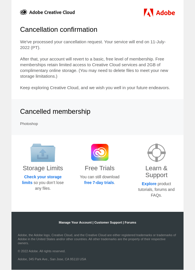 SaaS Cancellation Emails: Screenshot of Adobe's cancellation email