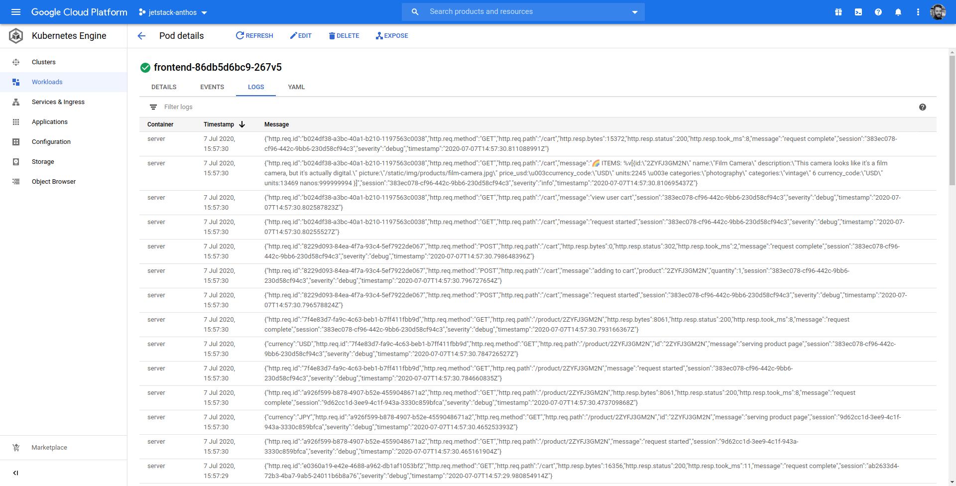 GCP frontend logs