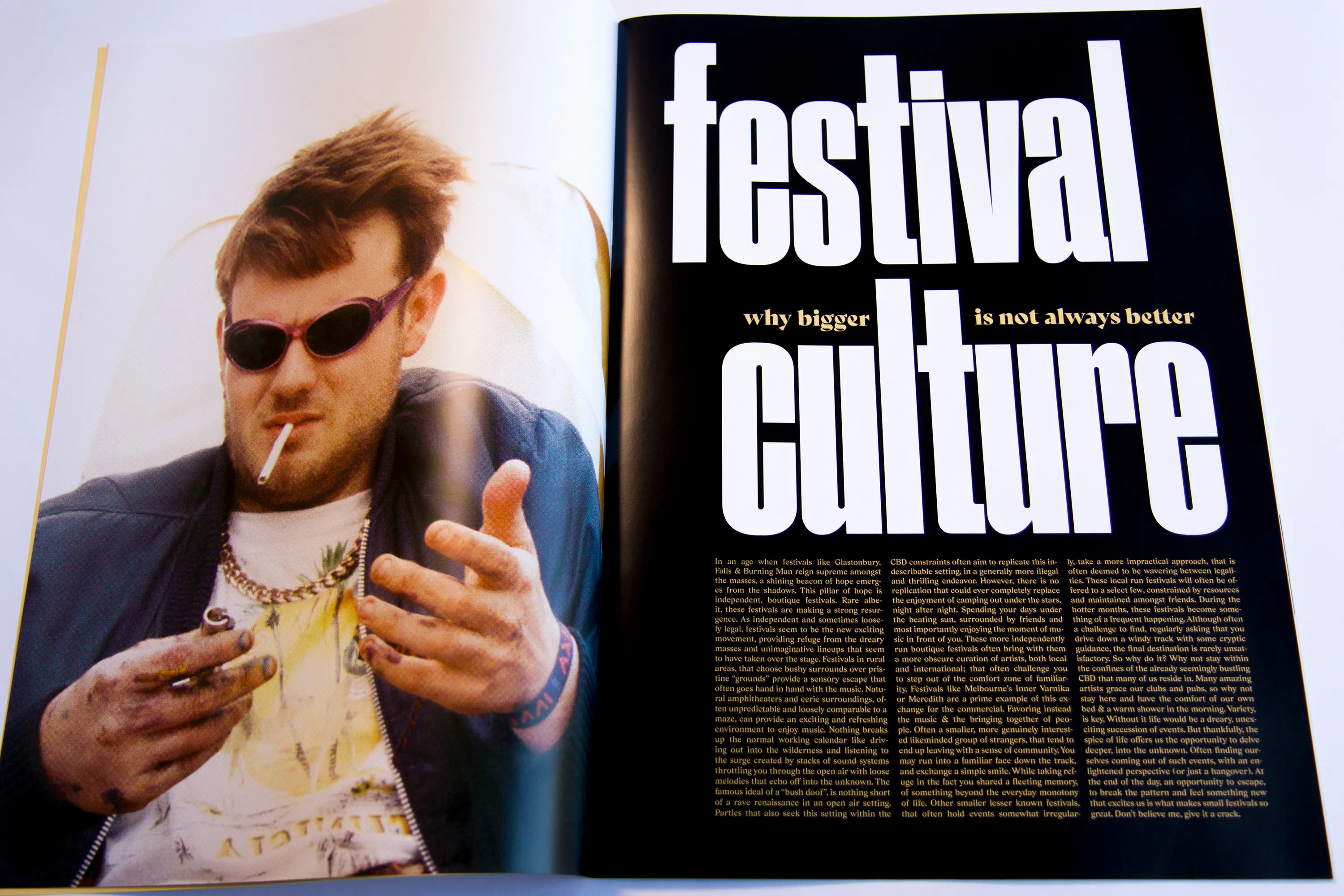 Resonate Magazine - 'festival culture' spread with large text and image of man at festival