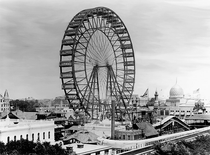 black and white photo of Ferris wheel at the world's columbian exposition in chicago