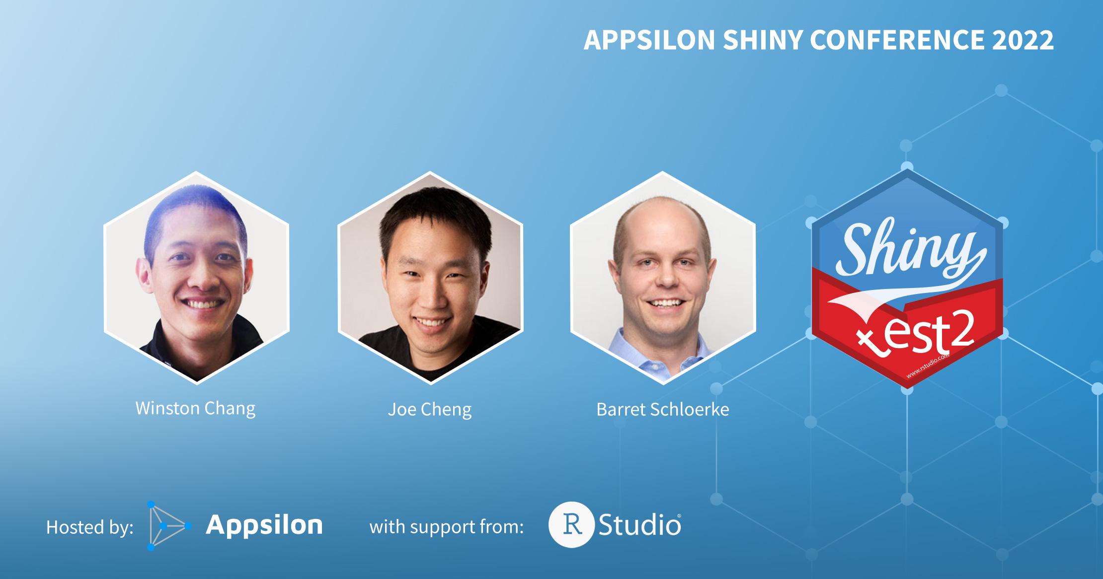 Thumbnail Headshots of Winston Chang, Joe Cheng, Barret Schloerke, and the shinytest2 hex sticker which is looks like a mashup of the Shiny hex and the testthat hex sticker. The text says Appsilon Shiny Conference 2022, hosted by Appsilon with support from RStudio.