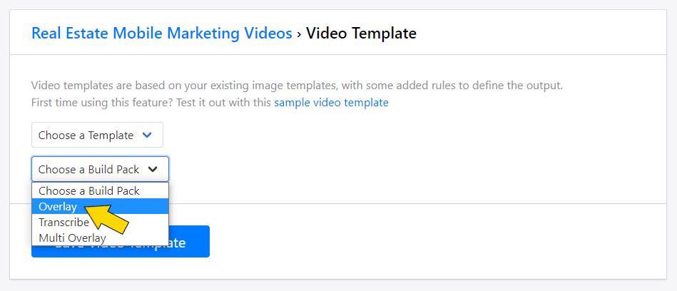 Screenshot of yellow arrow pointing to Bannerbear video template build pack
