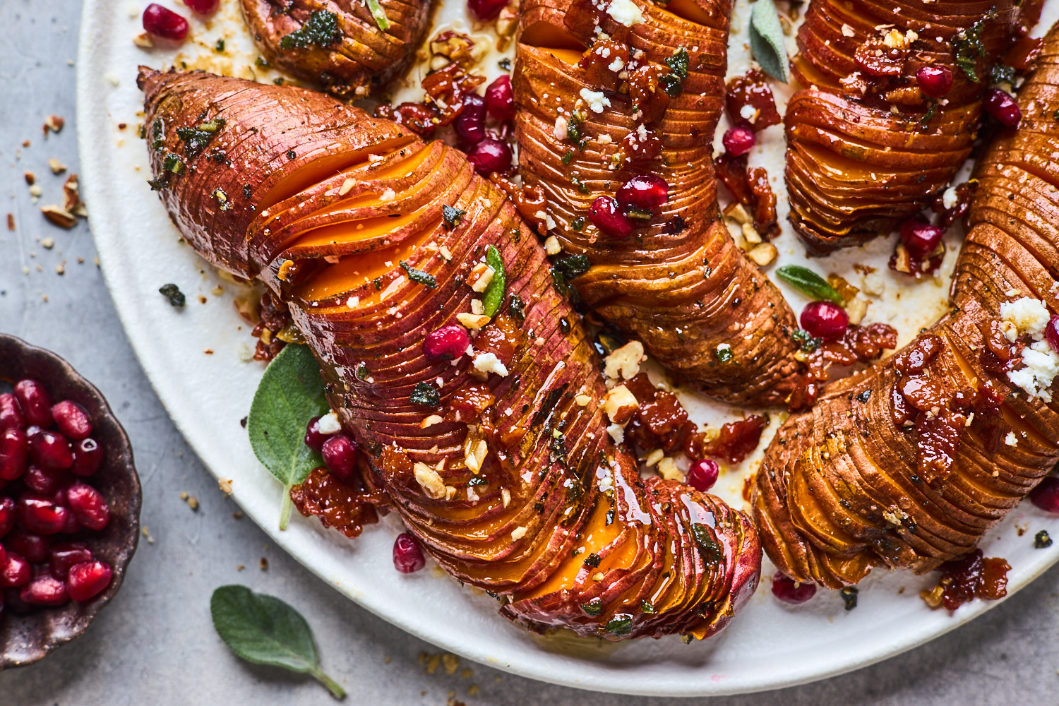 Roasted Hasselback Sweet Potatoes With Bacon Maple Brown Butter