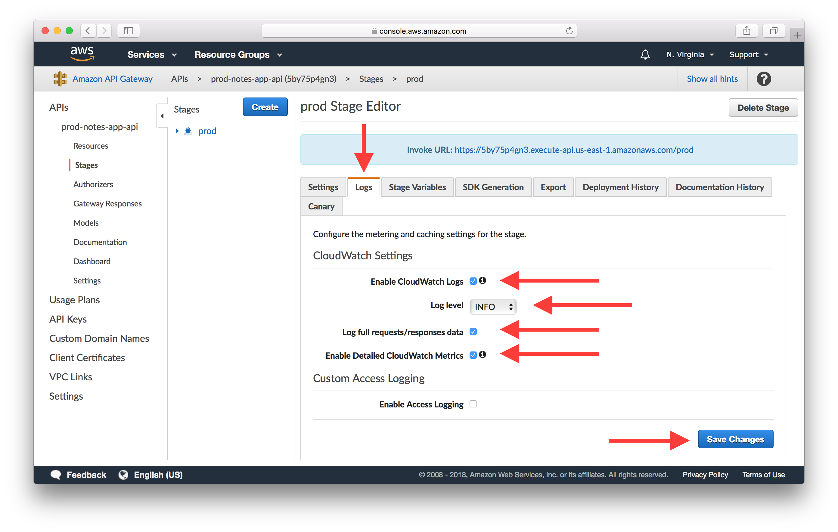 Enable Execution Logging and CloudWatch Metrics