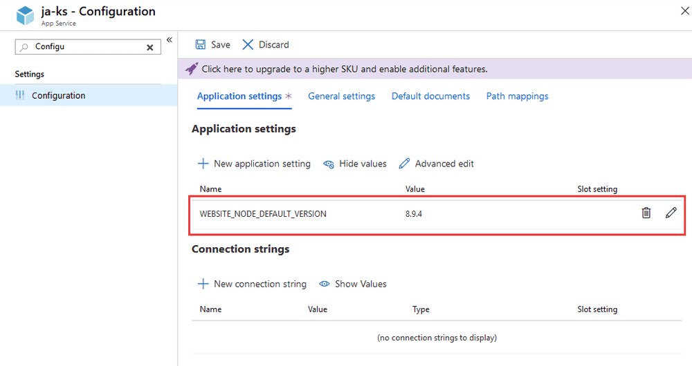Configure the Node version in the Application Settings