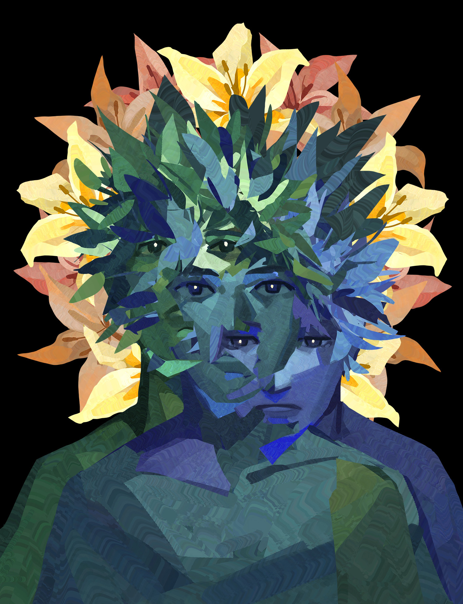 Three figures drawn overlapping and mashed together with leaves and flowers.