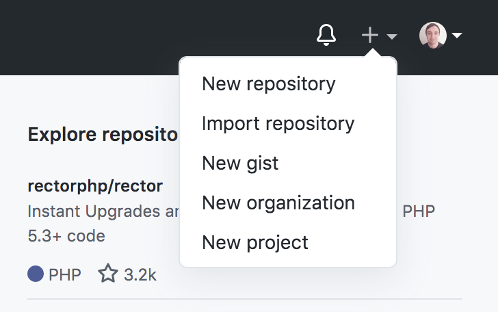 GitHub dropdown used to create a new repository