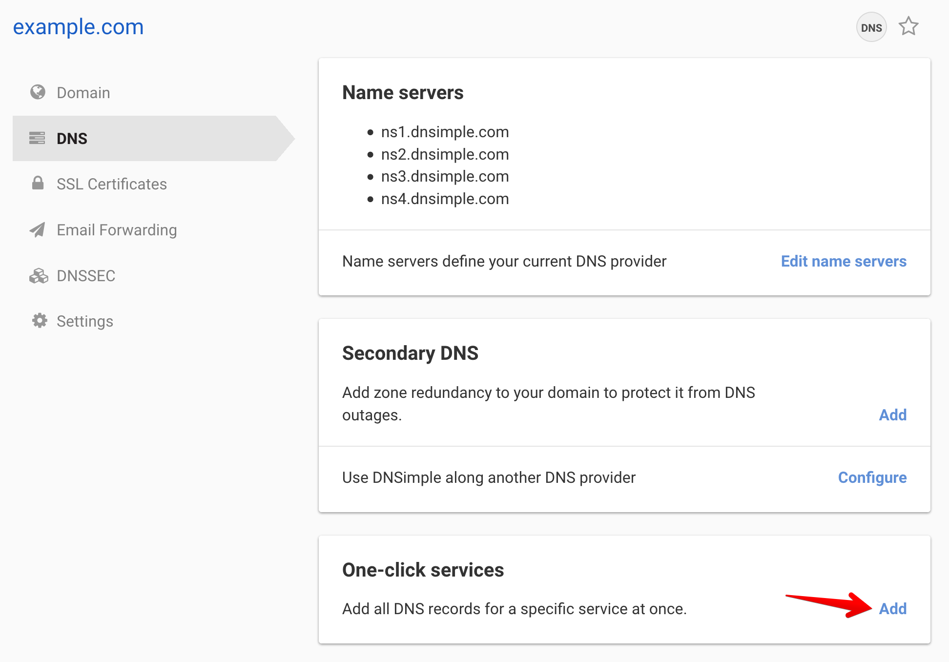 Domain DNS page